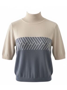 Como Sport Cream & Slate Blue Mock Neck Short Sleeve Wool Silk Blend Sweater